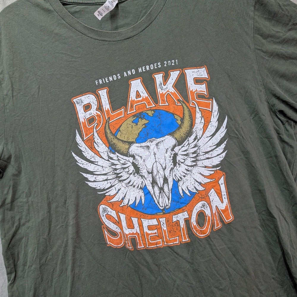Blake Shelton Friends and Heroes 2021 Tour Shirt Mens 2XL Olive Green Cotton Tee